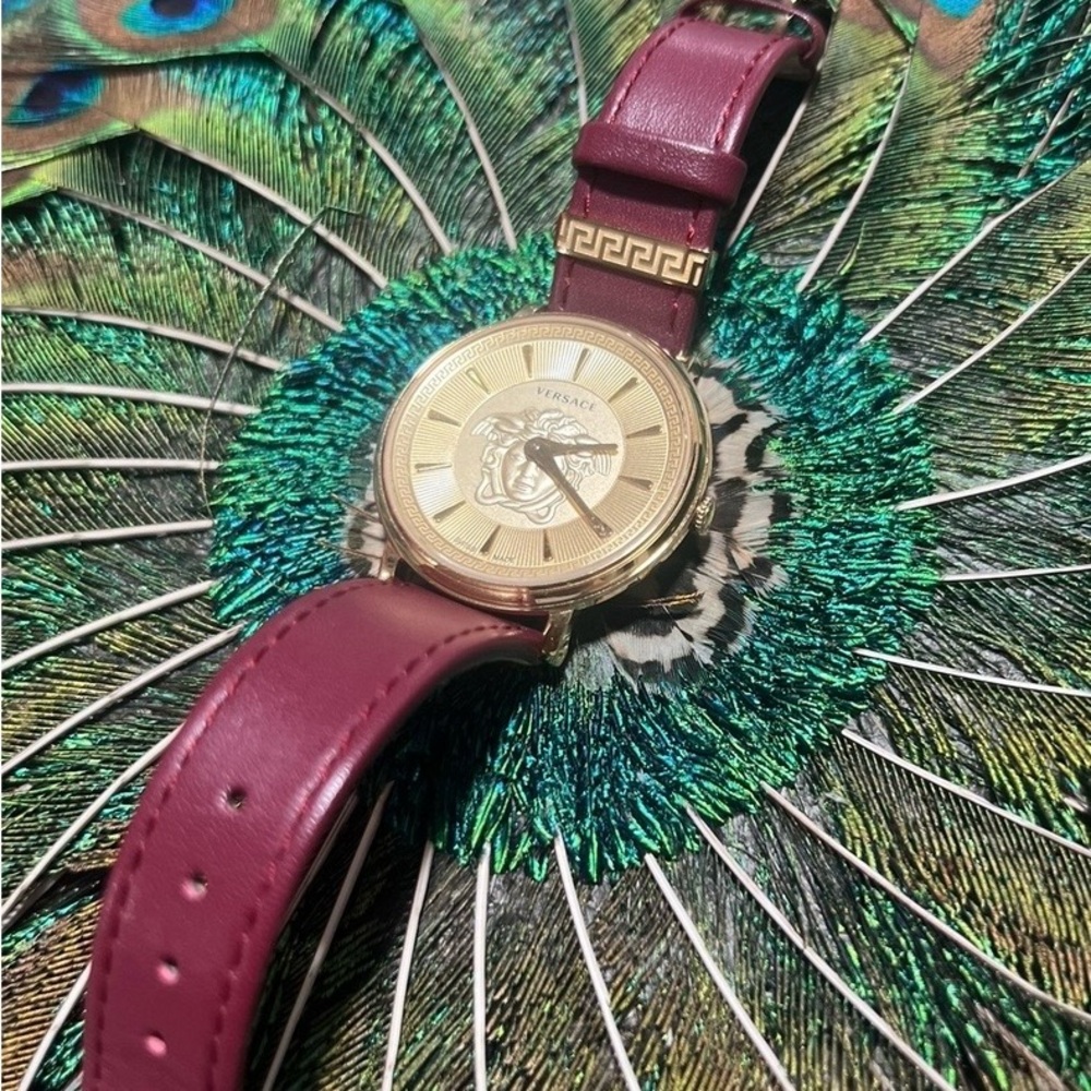Versace Gold Watch with Maroon Strap
